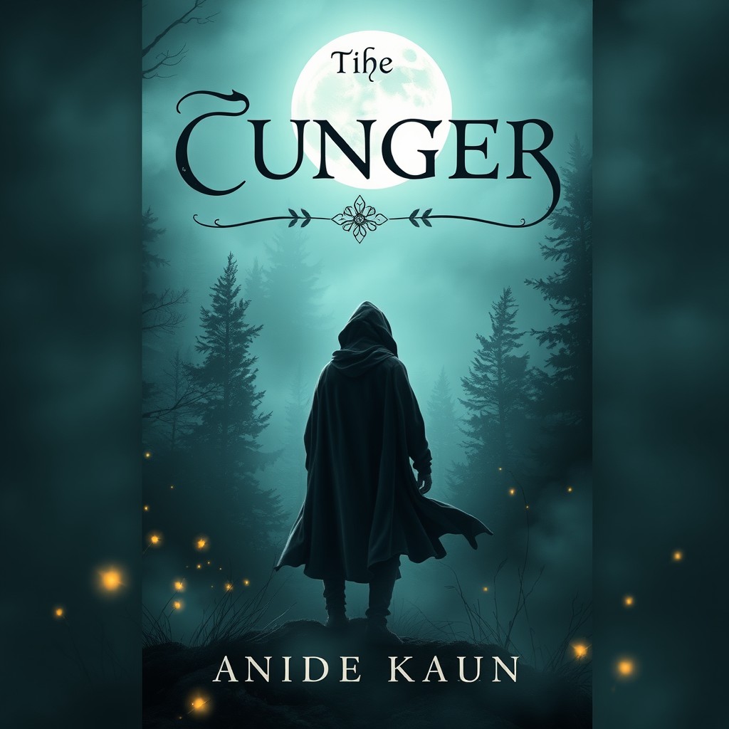 A captivating novel cover design featuring a mysterious figure standing at the edge of a foggy forest, illuminated by a full moon