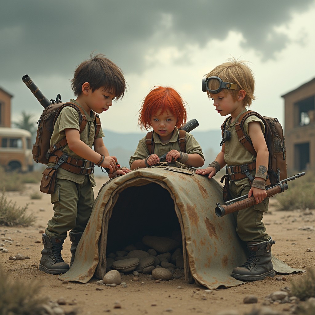 A post-apocalyptic scene depicting a group of resilient children in a desolate wasteland