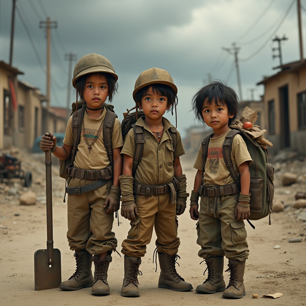 A post-apocalyptic scene portraying several resourceful children in a deserted wasteland