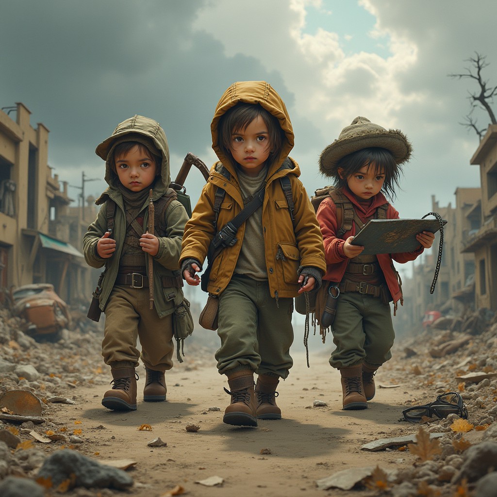 An evocative post-apocalyptic scene depicting a diverse group of children navigating a desolate wasteland