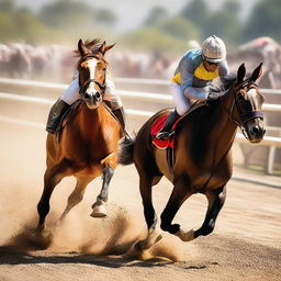 A dynamic scene depicting a horse and a donkey racing passionately on a sunny day at the racetrack. The cheering crowd and the dust kicked up by their hooves should elevate the intensity.