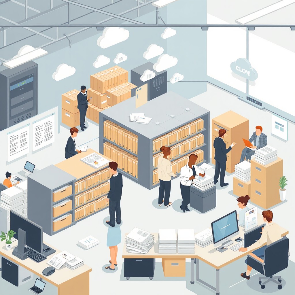 A detailed illustration depicting a modern document management and archiving process, highlighting various stages such as digitization, cataloging, and secure storage