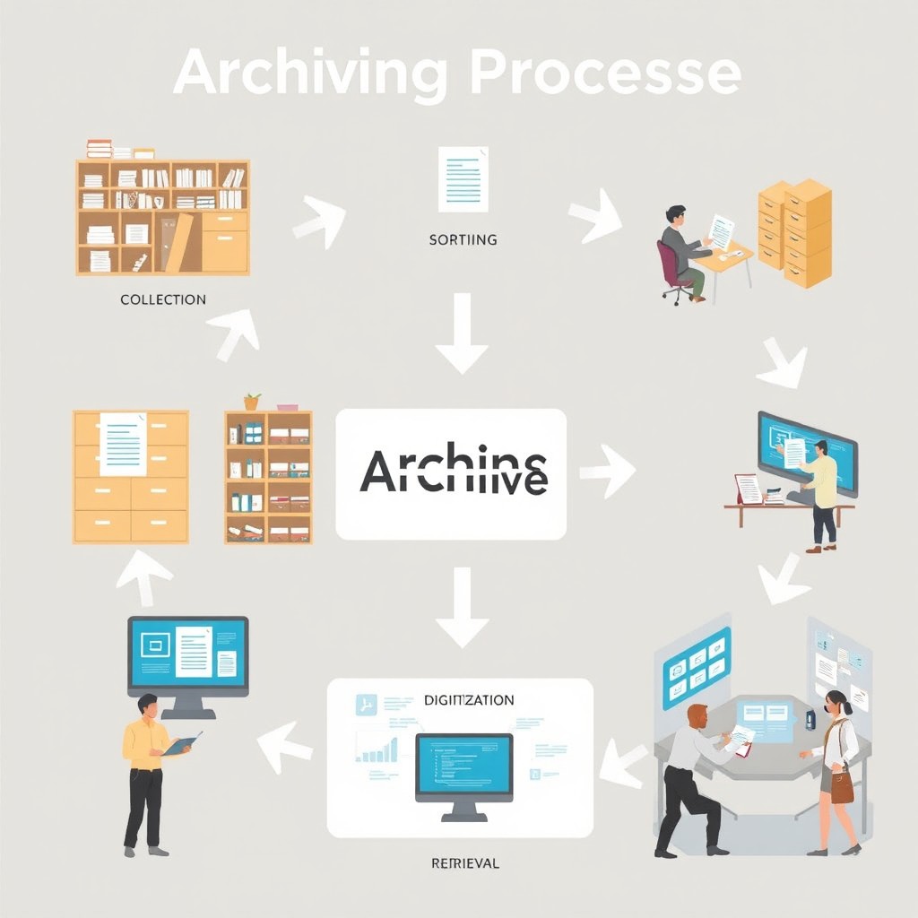 An instructional diagram illustrating the archiving procedure, showcasing step-by-step processes such as document collection, sorting, digitization, storage, and retrieval