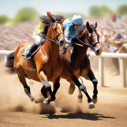 A dynamic scene depicting a horse and a donkey racing passionately on a sunny day at the racetrack. The cheering crowd and the dust kicked up by their hooves should elevate the intensity.