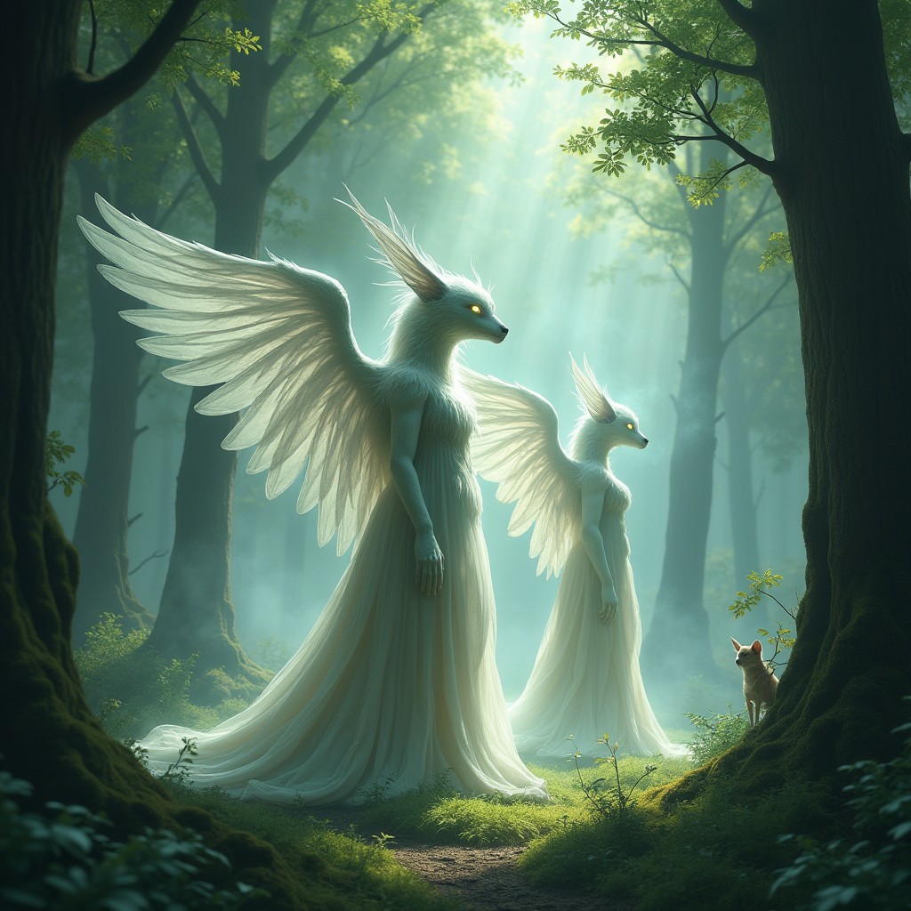 A mystical scene featuring ancient guardians known as the Silence Keepers, ethereal beings that blend harmoniously with the forest