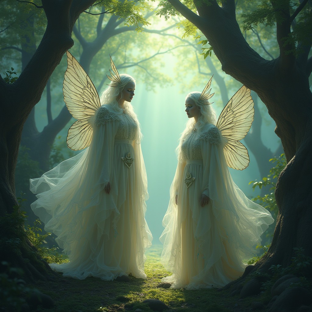 An enchanting depiction of the Silence Keepers, mystical entities cloaked in flowing robes adorned with intricate nature motifs