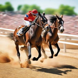 A dynamic scene depicting a horse and a donkey racing passionately on a sunny day at the racetrack. The cheering crowd and the dust kicked up by their hooves should elevate the intensity.