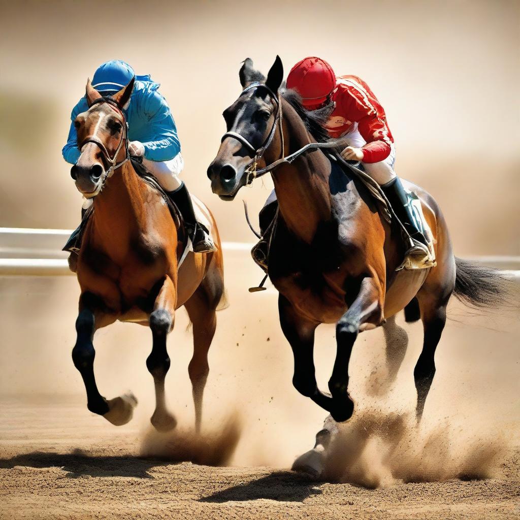 A dynamic scene depicting a horse and a donkey racing passionately on a sunny day at the racetrack. The cheering crowd and the dust kicked up by their hooves should elevate the intensity.