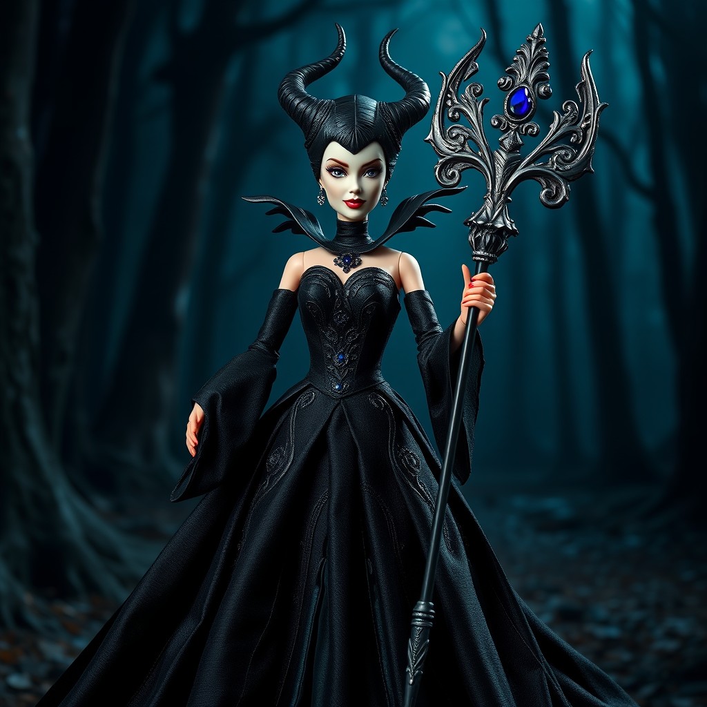 A Barbie doll styled as Maleficent, showcasing her full dressed look complete with a flowing, dark elegant gown adorned with intricate details