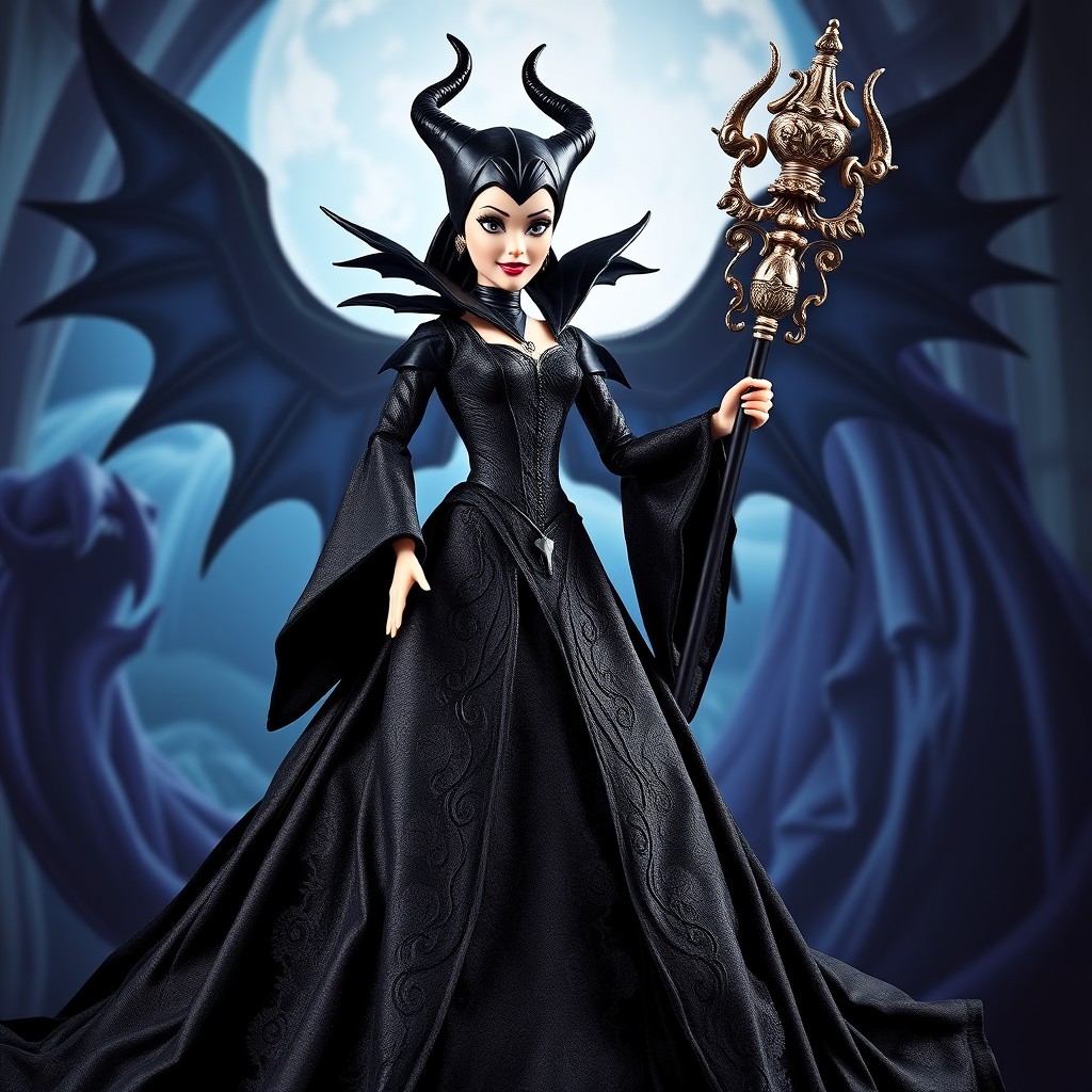 A Barbie doll designed as Maleficent, showcasing her full body and flowing gown in exquisite detail