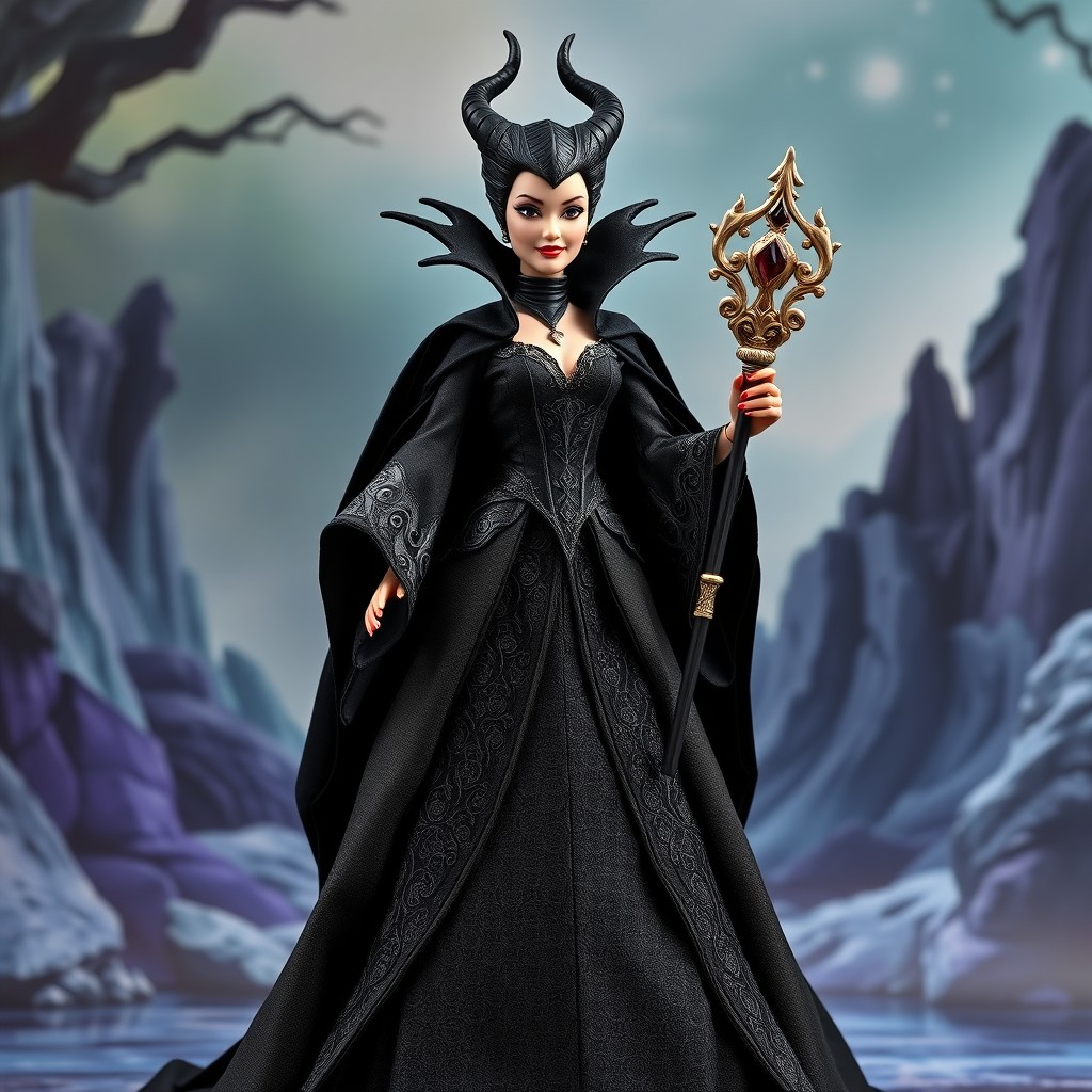 A stunning Barbie doll designed as Maleficent, showcasing her full body in an intricate and elegant costume