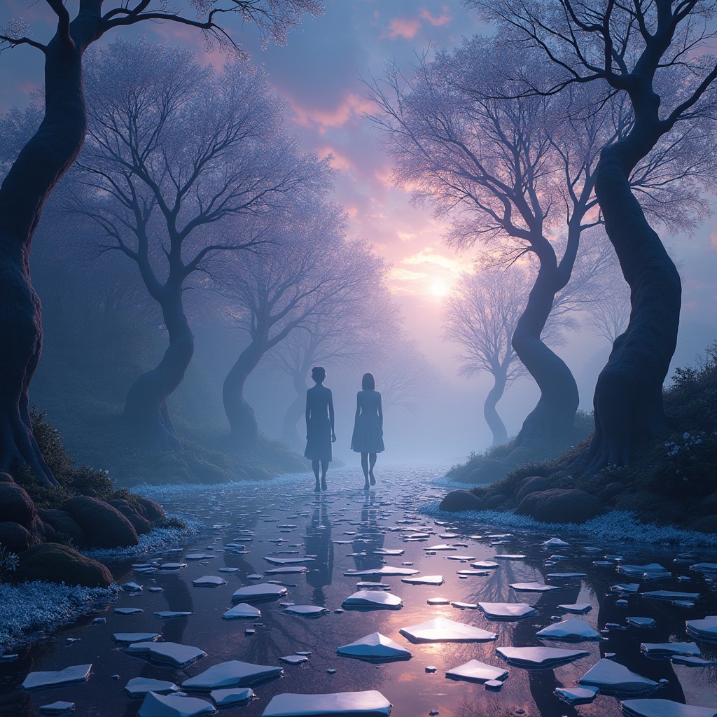 A mystical and enchanting realm known as the Realm of Broken Mirrors, characterized by an array of shattered mirrors reflecting a kaleidoscope of surreal landscapes