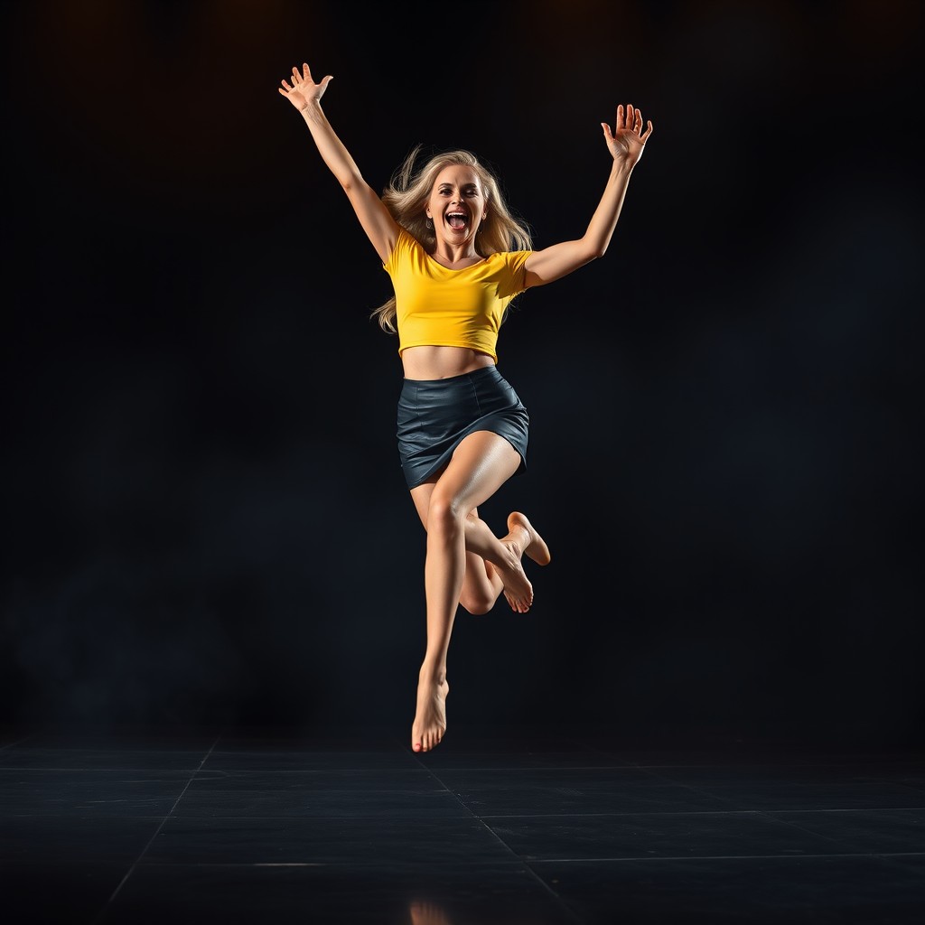 A dynamic high-contrast photograph capturing a jubilant 24-year-old blonde female dancer mid-leap on a dark, polished stage