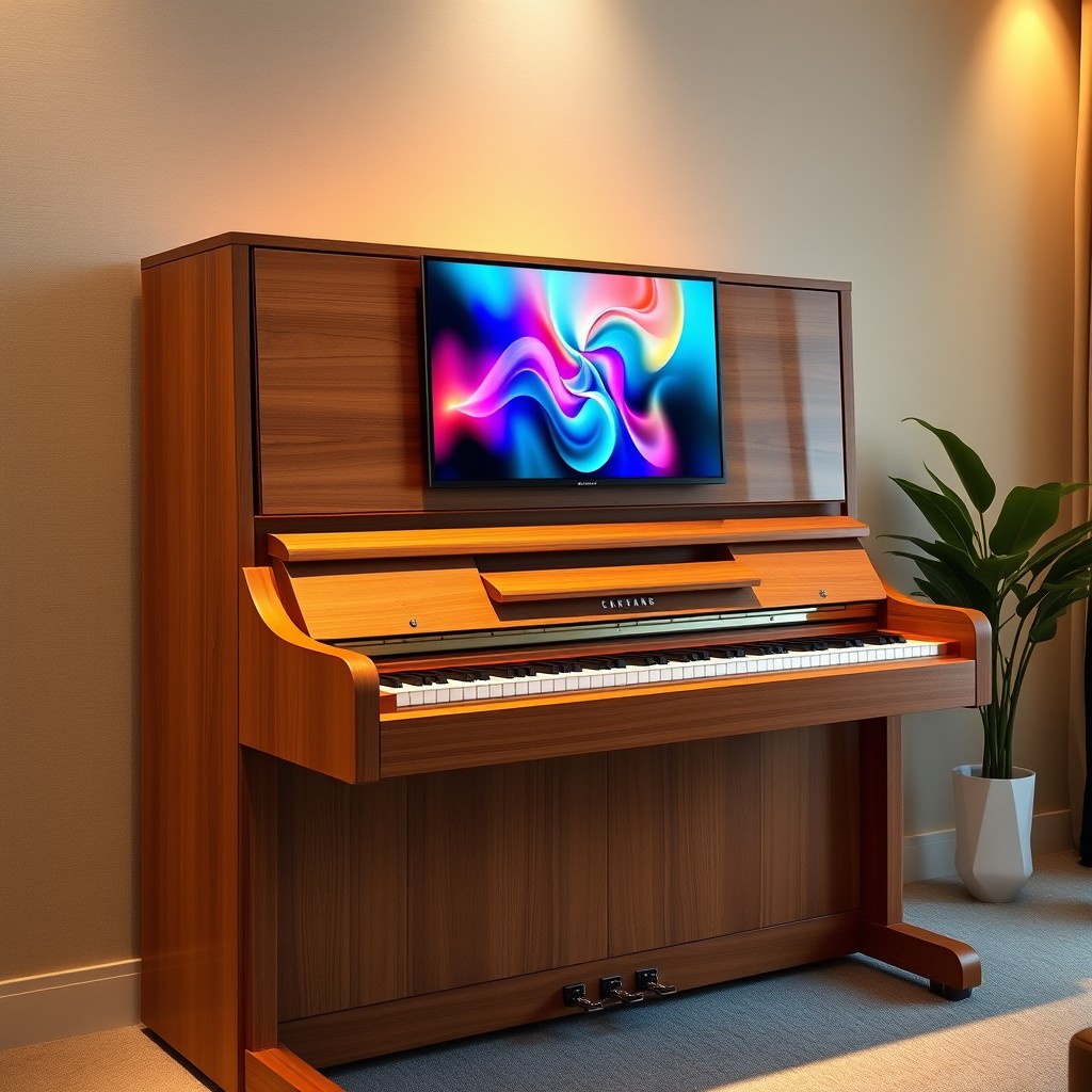 A beautifully designed upright piano with a sleek, modern appearance, showcasing polished wood finish