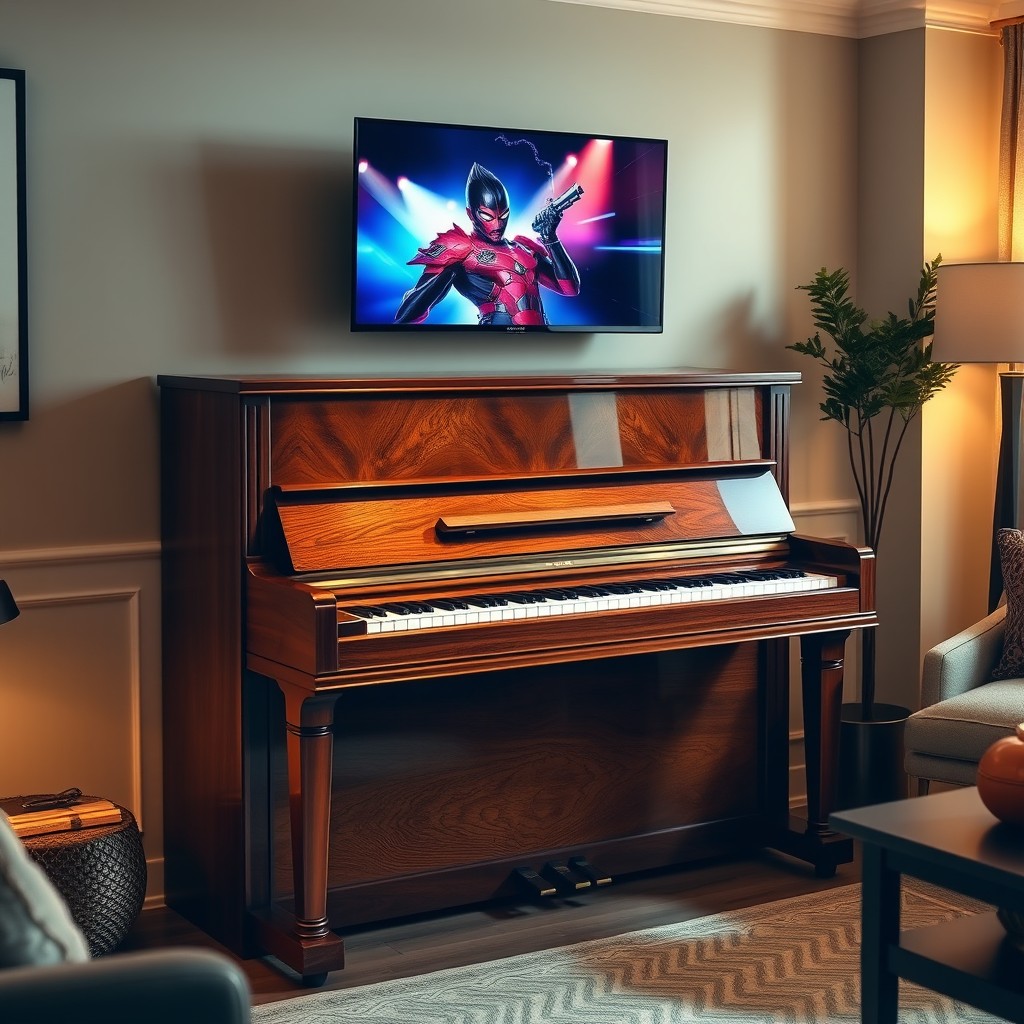 An elegant upright piano featuring a full front upper panel that seamlessly integrates a 34" smart TV