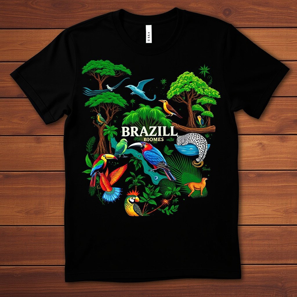 A contemporary black t-shirt featuring a design inspired by Brazilian biomes, showcasing the Amazon rainforest with lush green trees, colorful wildlife such as toucans and jaguars, and the Pantanal wetlands teeming with rich flora and fauna