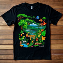A contemporary black t-shirt featuring a design inspired by Brazilian biomes, showcasing the Amazon rainforest with lush green trees, colorful wildlife such as toucans and jaguars, and the Pantanal wetlands teeming with rich flora and fauna