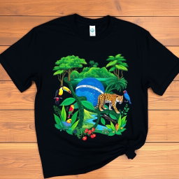 A contemporary black t-shirt featuring a design inspired by Brazilian biomes, showcasing the Amazon rainforest with lush green trees, colorful wildlife such as toucans and jaguars, and the Pantanal wetlands teeming with rich flora and fauna