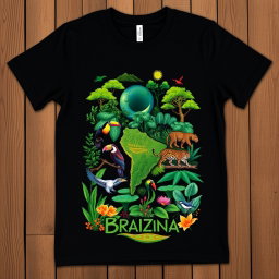 A contemporary black t-shirt featuring a design inspired by Brazilian biomes, showcasing the Amazon rainforest with lush green trees, colorful wildlife such as toucans and jaguars, and the Pantanal wetlands teeming with rich flora and fauna