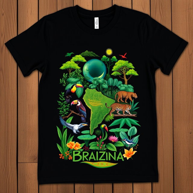 A contemporary black t-shirt featuring a design inspired by Brazilian biomes, showcasing the Amazon rainforest with lush green trees, colorful wildlife such as toucans and jaguars, and the Pantanal wetlands teeming with rich flora and fauna