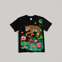 A black t-shirt featuring a vibrant and detailed illustration inspired by the Pantanal biome, showcasing iconic flora and fauna such as colorful jaguars, capybaras, and vibrant aquatic plants like water lilies