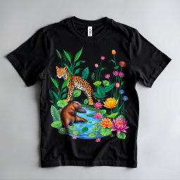 A black t-shirt featuring a vibrant and detailed illustration inspired by the Pantanal biome, showcasing iconic flora and fauna such as colorful jaguars, capybaras, and vibrant aquatic plants like water lilies