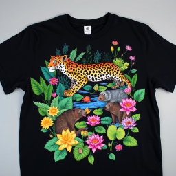 A black t-shirt featuring a vibrant and detailed illustration inspired by the Pantanal biome, showcasing iconic flora and fauna such as colorful jaguars, capybaras, and vibrant aquatic plants like water lilies