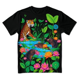 A black t-shirt featuring a vibrant and detailed illustration inspired by the Pantanal biome, showcasing iconic flora and fauna such as colorful jaguars, capybaras, and vibrant aquatic plants like water lilies