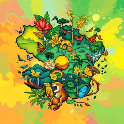 A colorful and vibrant t-shirt design featuring detailed and contemporary artistic representations of various Brazilian biomes: Pantanal, Cerrado, Pampa, Amazon Rainforest (Amazônia), Atlantic Forest (Mata Atlântica), and Caatinga