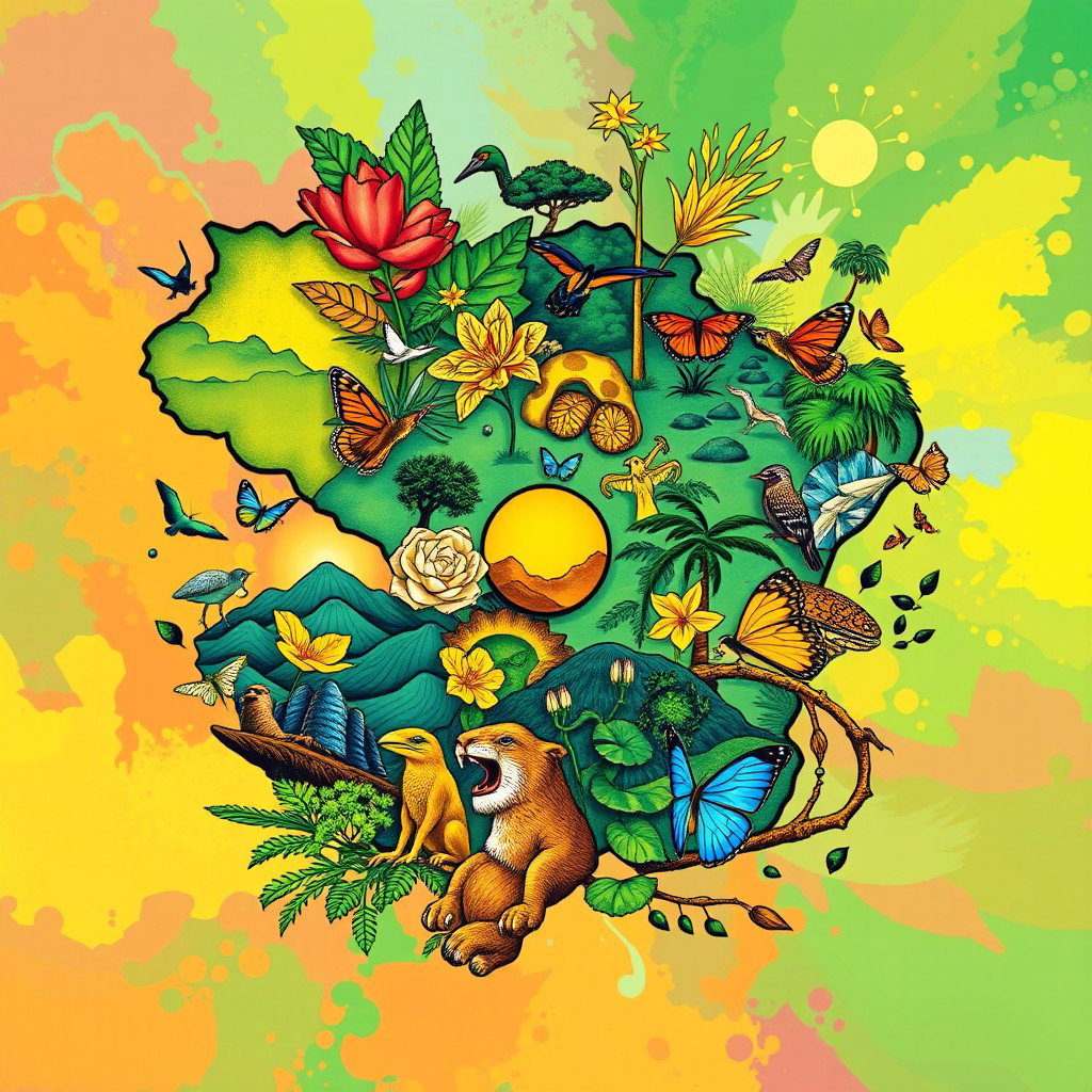 A colorful and vibrant t-shirt design featuring detailed and contemporary artistic representations of various Brazilian biomes: Pantanal, Cerrado, Pampa, Amazon Rainforest (Amazônia), Atlantic Forest (Mata Atlântica), and Caatinga