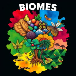 A colorful and vibrant t-shirt design featuring detailed and contemporary artistic representations of various Brazilian biomes: Pantanal, Cerrado, Pampa, Amazon Rainforest (Amazônia), Atlantic Forest (Mata Atlântica), and Caatinga