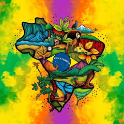 A colorful and vibrant t-shirt design featuring detailed and contemporary artistic representations of various Brazilian biomes: Pantanal, Cerrado, Pampa, Amazon Rainforest (Amazônia), Atlantic Forest (Mata Atlântica), and Caatinga