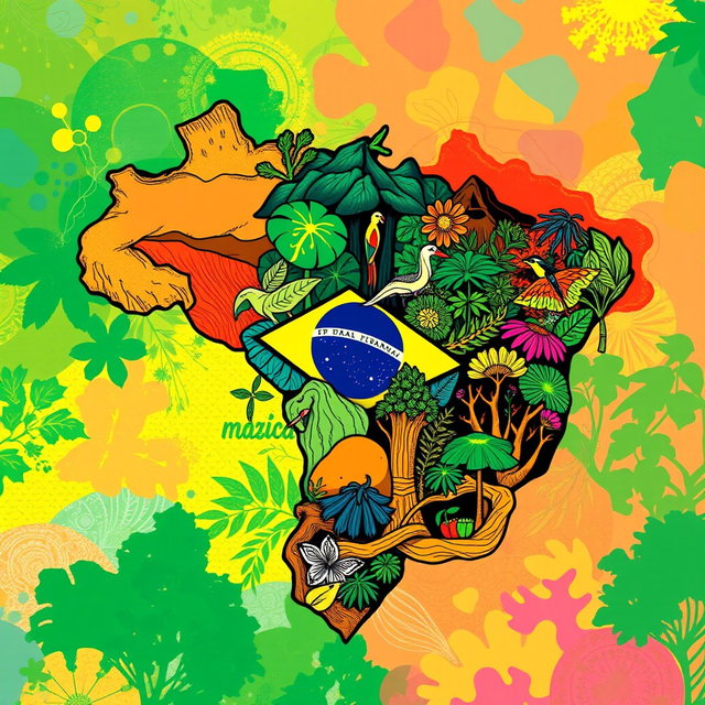 A colorful and vibrant t-shirt design featuring detailed and contemporary artistic representations of various Brazilian biomes: Pantanal, Cerrado, Pampa, Amazon Rainforest (Amazônia), Atlantic Forest (Mata Atlântica), and Caatinga
