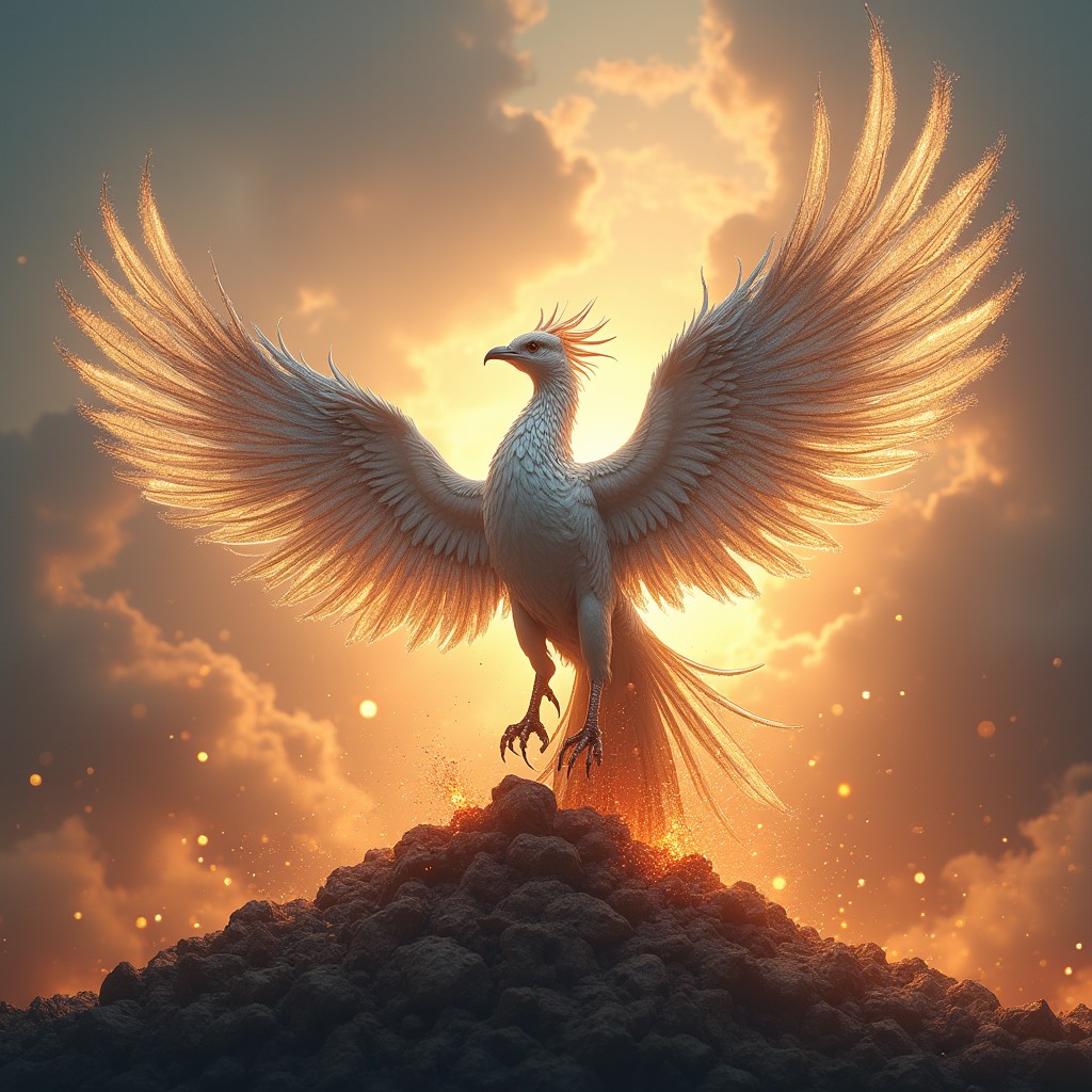 A majestic silver phoenix rising dramatically from its ashes, its shimmering feathers glowing in the warm sunlight