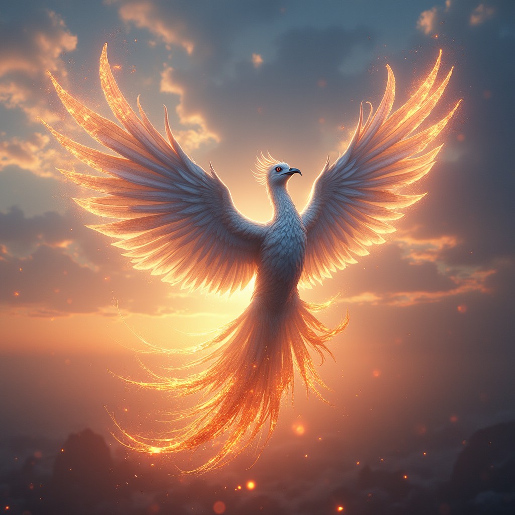 A magnificent silver phoenix soaring gracefully into the sky, emerging triumphantly from a plumes of radiant flames