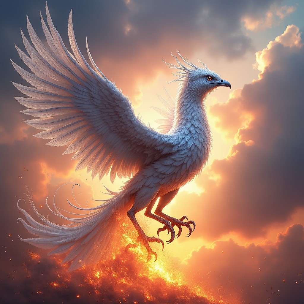 A stunning silver phoenix rising majestically from a fiery blaze, with its elaborate wings spread wide, showcasing shimmering feathers that shine in various shades of silver and hints of blue