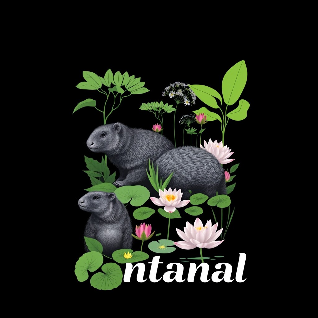 A contemporary black t-shirt design featuring elements from the Pantanal biome