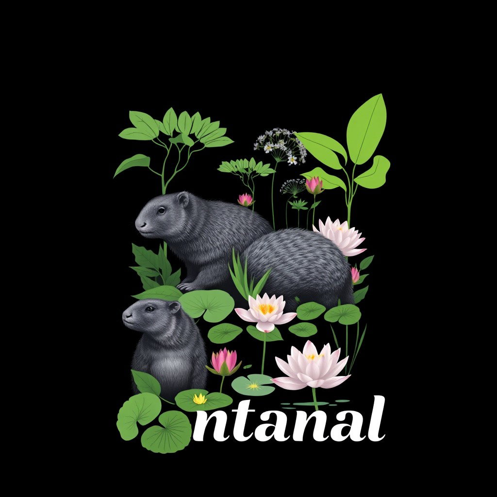 A contemporary black t-shirt design featuring elements from the Pantanal biome