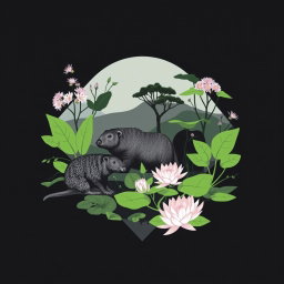A contemporary black t-shirt design featuring elements from the Pantanal biome