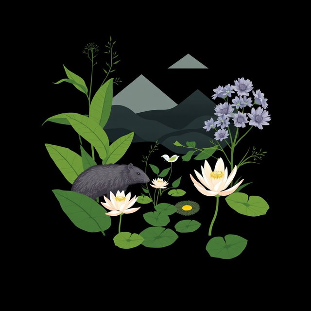 A contemporary black t-shirt design featuring elements from the Pantanal biome