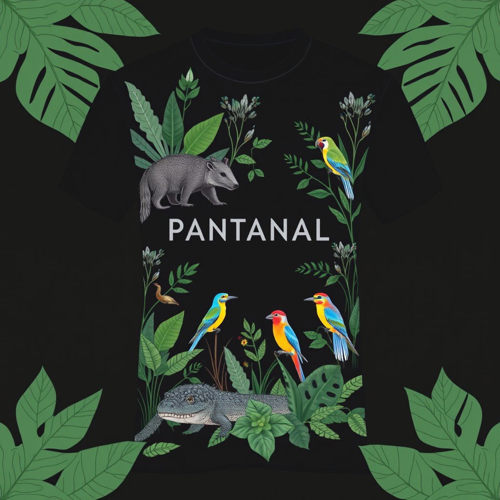 A contemporary black t-shirt design featuring elements of the Pantanal biome, showcasing the region's characteristic flora and fauna