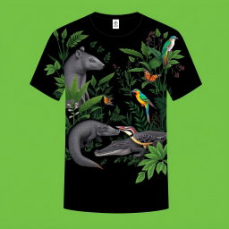 A contemporary black t-shirt design featuring elements of the Pantanal biome, showcasing the region's characteristic flora and fauna