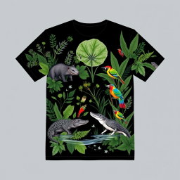 A contemporary black t-shirt design featuring elements of the Pantanal biome, showcasing the region's characteristic flora and fauna