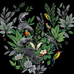 A contemporary black t-shirt design featuring elements of the Pantanal biome, showcasing the region's characteristic flora and fauna