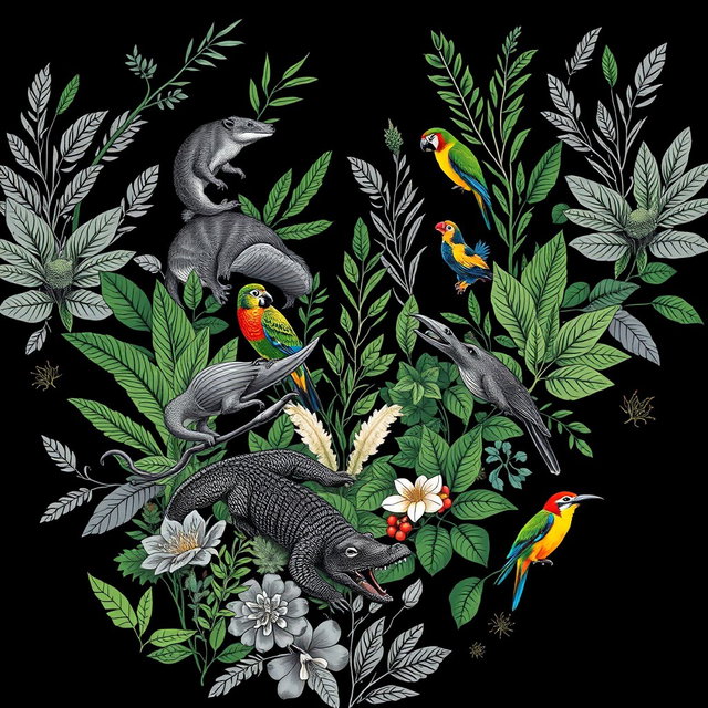A contemporary black t-shirt design featuring elements of the Pantanal biome, showcasing the region's characteristic flora and fauna