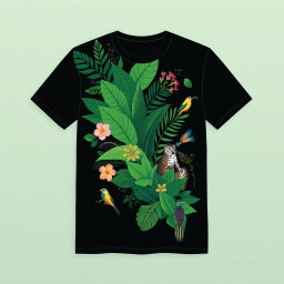 A black t-shirt design featuring contemporary elements inspired by the Pantanal biome