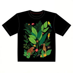 A black t-shirt design featuring contemporary elements inspired by the Pantanal biome