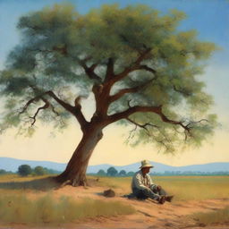 A rustic scene of a peasant man taking rest under the shade of a large tree in an open field, under the tranquil canopy of a blue evening sky.