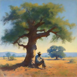 A rustic scene of a peasant man taking rest under the shade of a large tree in an open field, under the tranquil canopy of a blue evening sky.