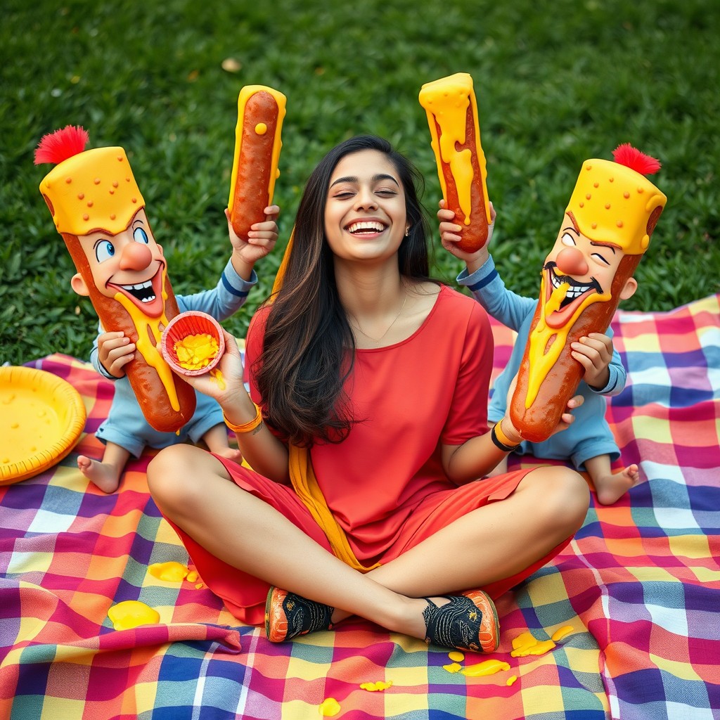 A joyful young Pakistani woman sitting criss-cross on a vibrant picnic blanket, smiling with her eyes closed, surrounded by quirky, humorous characters